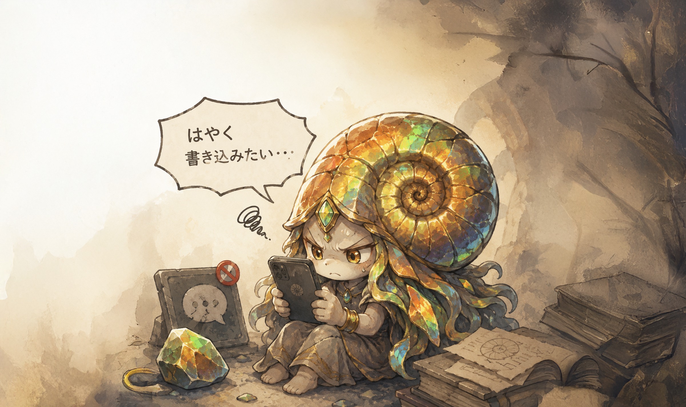 はやく書き込みたい…とスマホを構えるギルド案内キャラクター